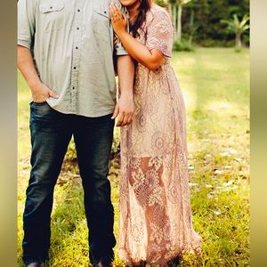 Beautiful lace dress, mauve and cream